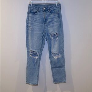 American EagleLight Blue Distressed Mom Straight Stretch Jeans, Size 6
